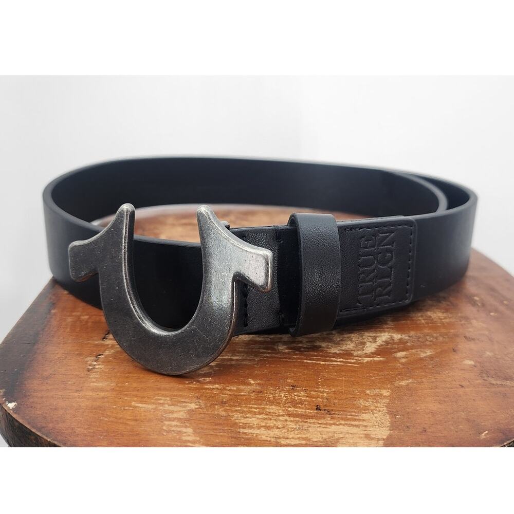 New NWOT True Religion Classic Logo Buckle Black Leather Belt‎ Size 40